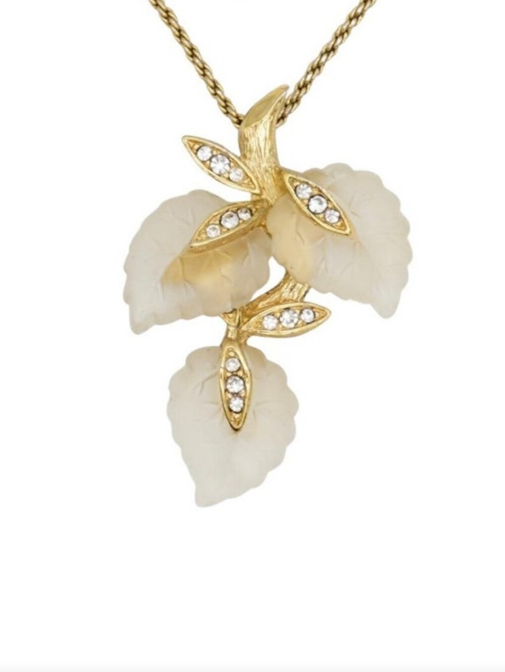 Vtg Rare Dior Matte Frost Leaf Flower Rhinestone Pendant Necklace 1970's